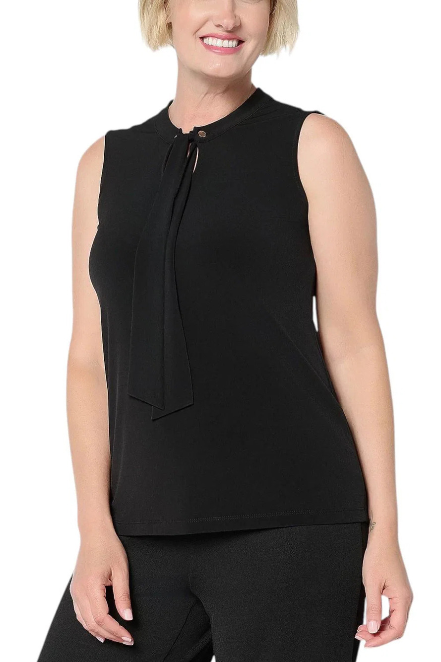 Susan Graver Women's Liquid Knit Sleeveless Tie-Front Shell Top Blk - Regular